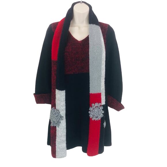 Style & Co Red Black Tunic Sweater and Scarf V Neckline Front Patch Pockets - Picture 15 of 16